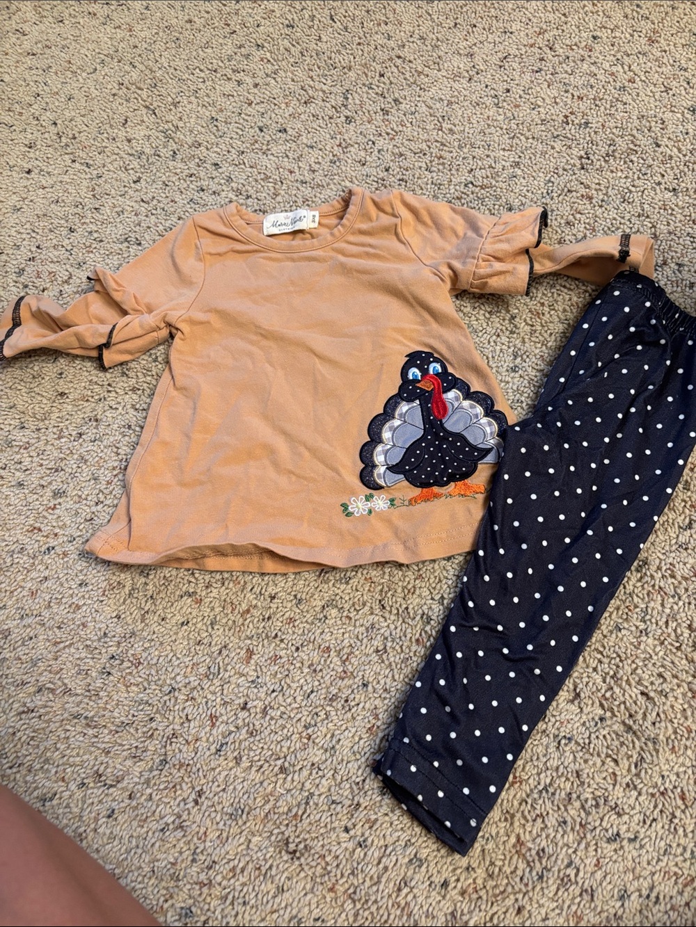 Mud Pie Girls Tan Turkey Top & Navy Polka Dot Pajama Set
